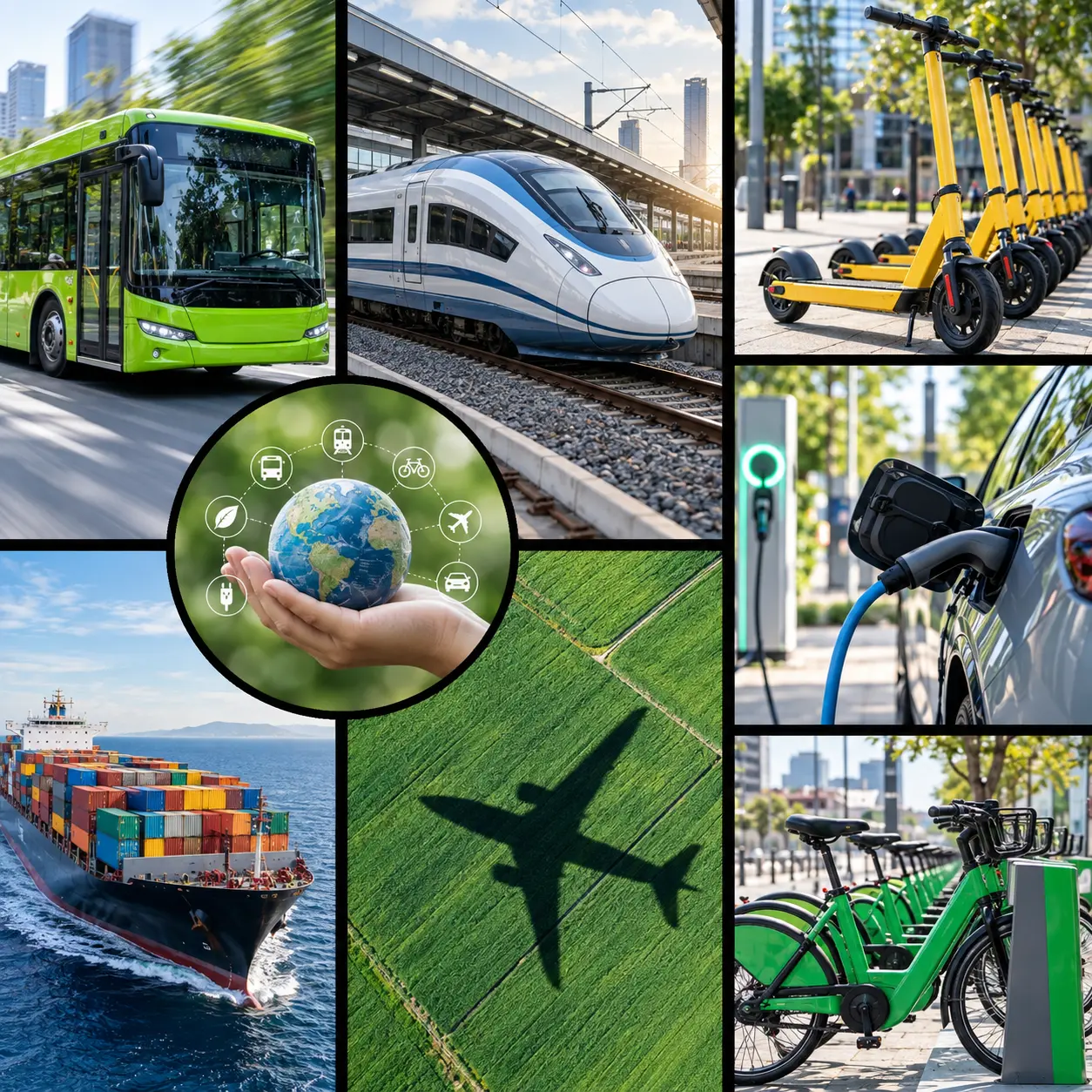 Sustainable transport collage with public transport, shared mobility and electric vehicle charging