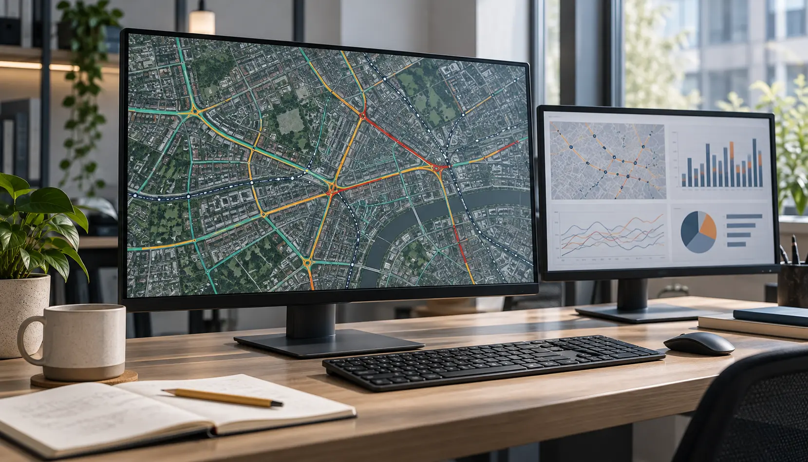 A transport planning workstation with a road-network map and analysis screens